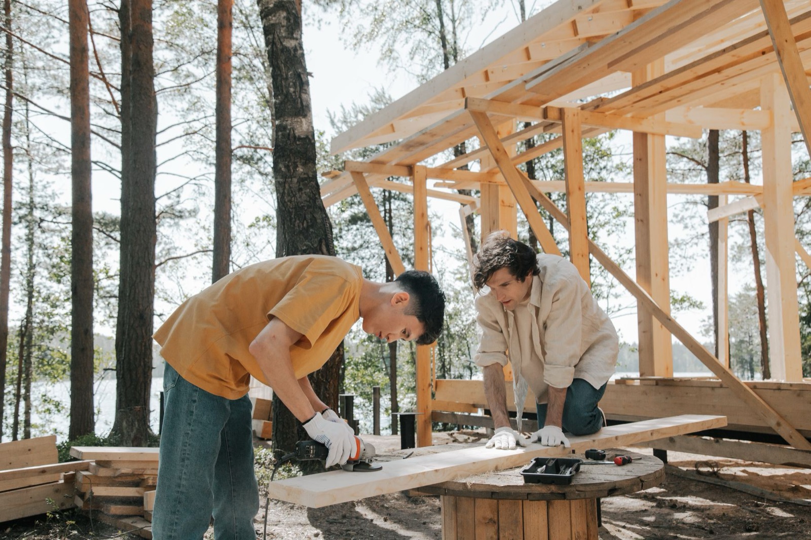 Builders working on a frame among pine trees